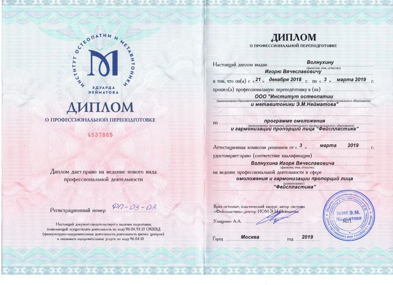 Документ Игоря Волнухина по программе Фейспластика